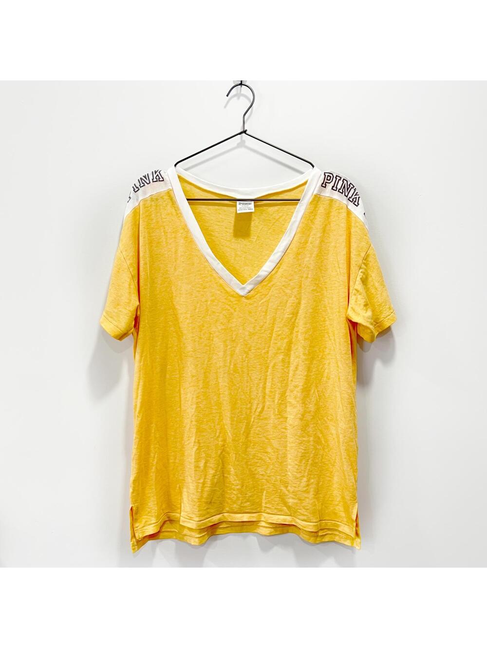 Victoria's Secret Pink Golden Yellow V-Neck Logo T-Shirt Size M - Picture 3 of 5